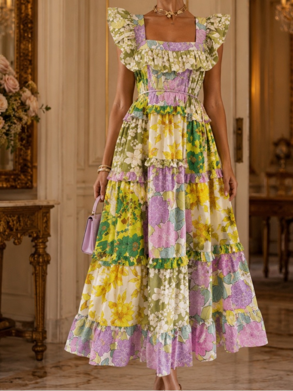 New Dalia Macphee Floral Patchwork Maxi Dress size S color Lime Multi - Picture 5 of 16